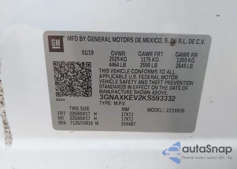 2019 Chevrolet Equinox Lt z USA, uszkodzony, nr VIN 3GNAXKEV2KS593332